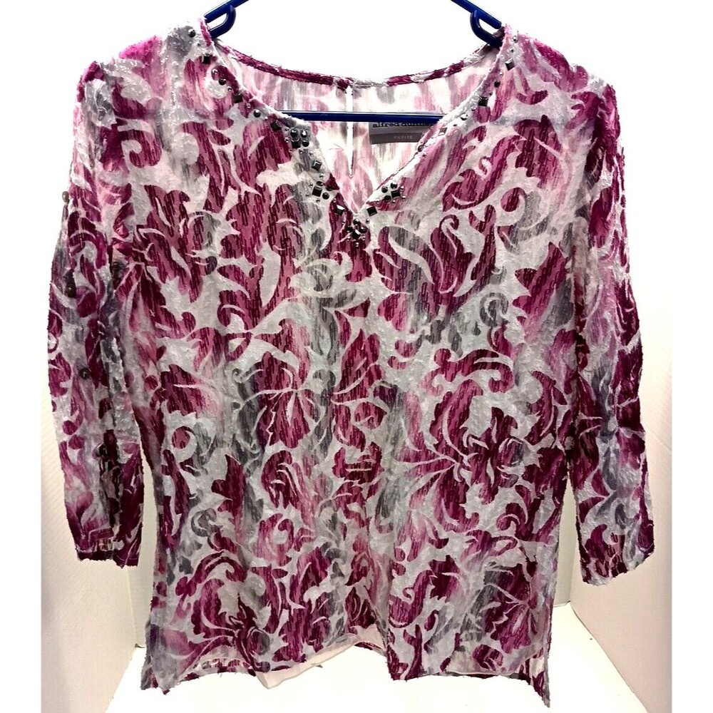 Alfred Dunner PL 6P PETITE Mesh Top Pink White And Pink Floral 3/4 V Neck